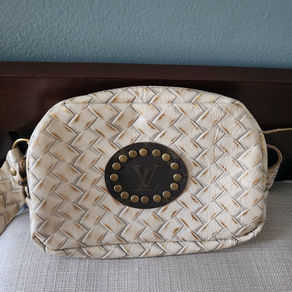Leather Crossbody Bag with Studded Logo Patch in Off-White